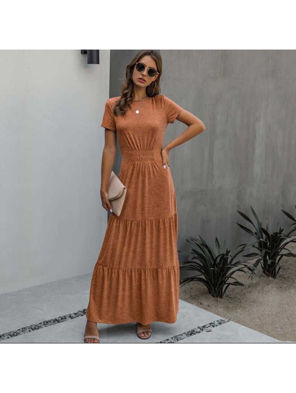 Rust Burnt Orange Tiered Maxi Dress Short Sleeve Smocked Waist Boho Minimalist